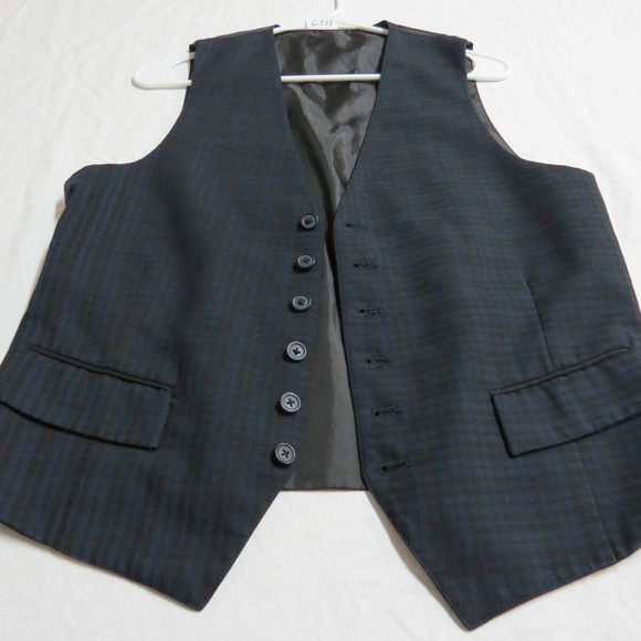 Sz S Blue/Black Plaid Mens Polyester #63H Suit Vest - Picture 3 of 8